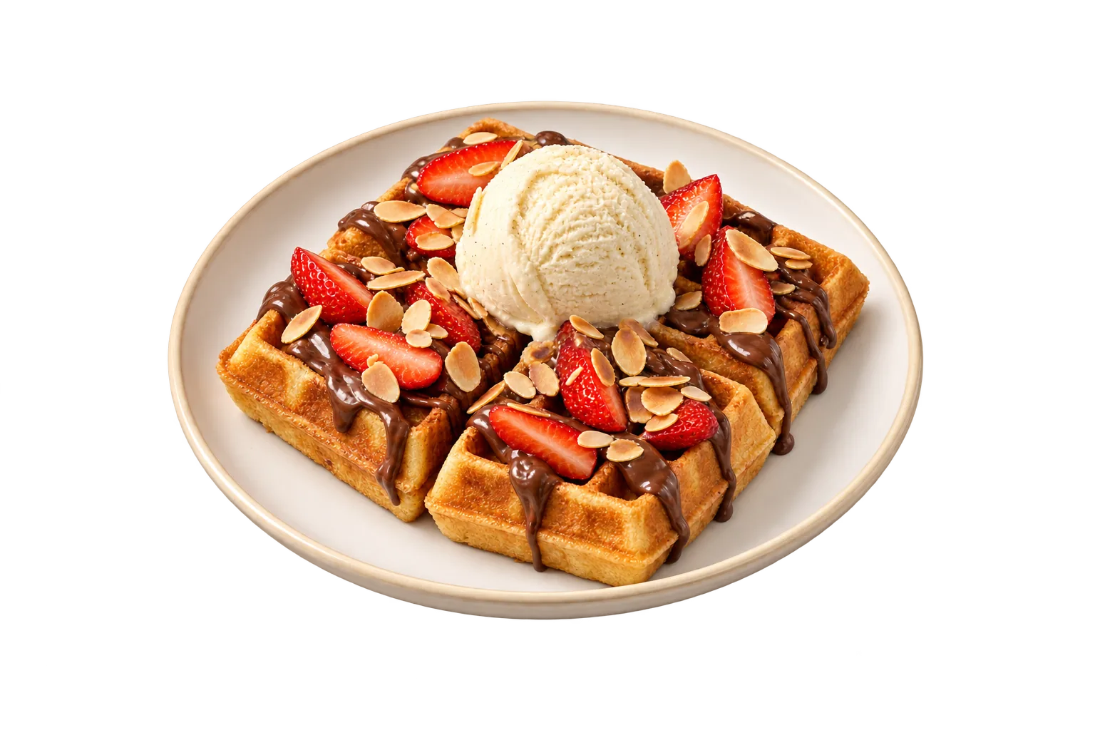 Berry Nutella Belgian waffle with strawberries, almond flakes and vanilla ice cream